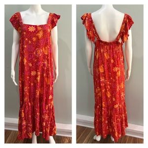 NWT HOUSE OF HARLOW Dress L Orange Pink Floral Bird Print Ruffle Flutter Sleeve